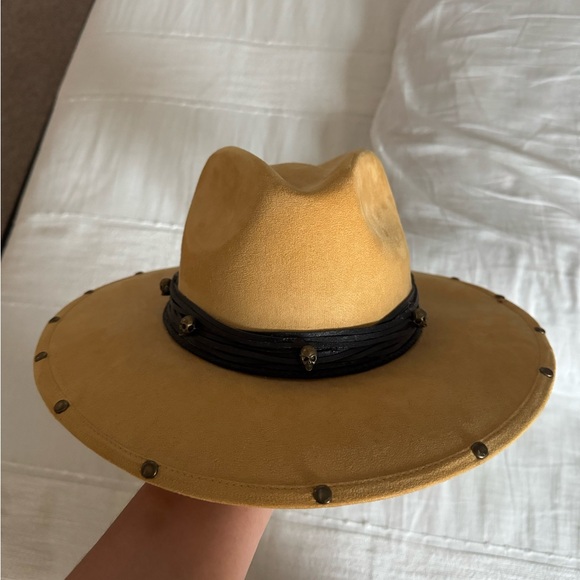 Tan Fedora Hat with Black Ribbon and Studded Brim